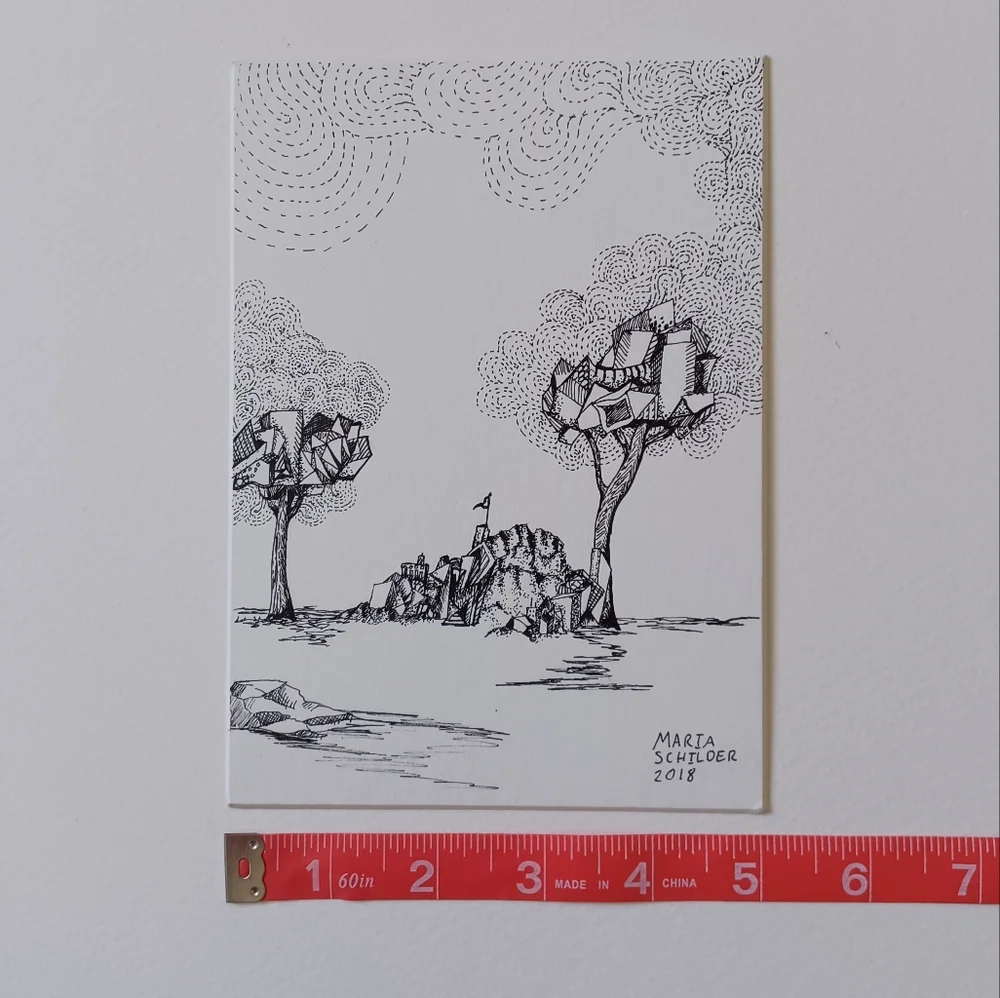 ORIGINAL ART Abstract Tree and Mountain Outpost ink drawing 5